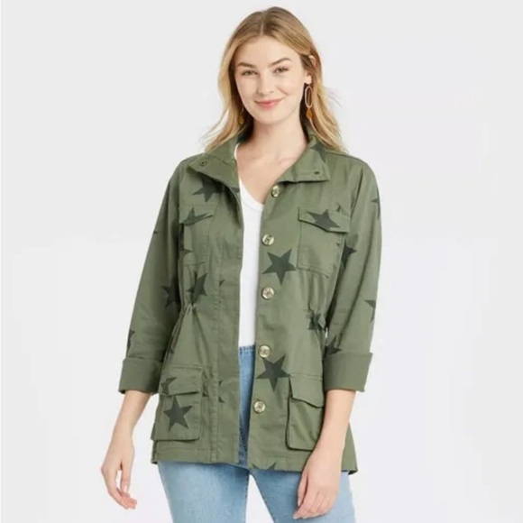 Knox Rose Jackets & Blazers - Knox Rose Olive Green Star Print Utility Jacket | Women’s M Military Inspired